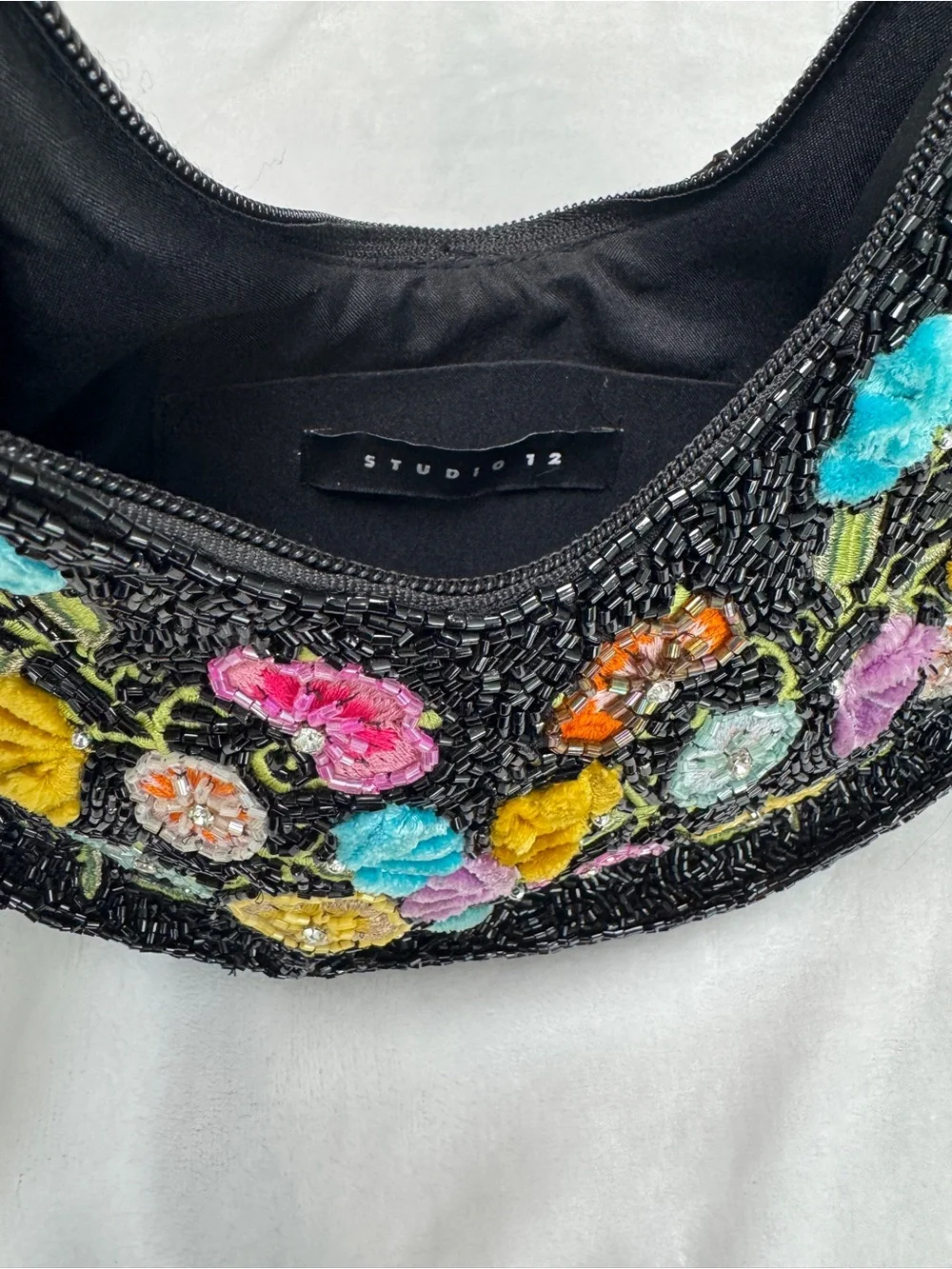 Studio 12 Black Beaded Floral Velvet Shoulder Bag Tassel Y2K
